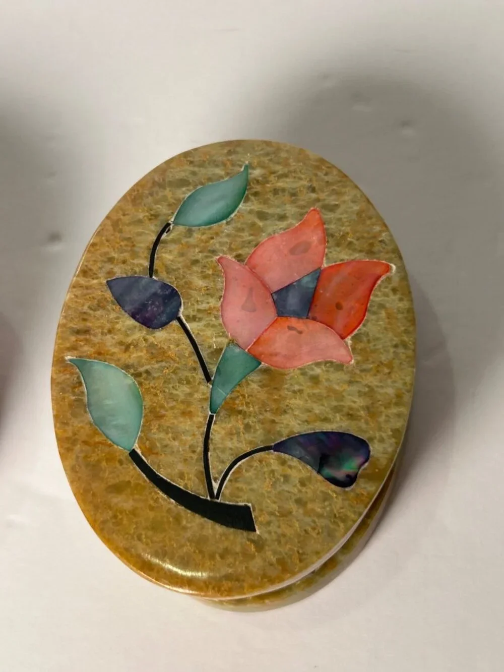 VTG Soapstone Floral Trinket Boxes Set Of 2 Handmade In India Pearl Collectible